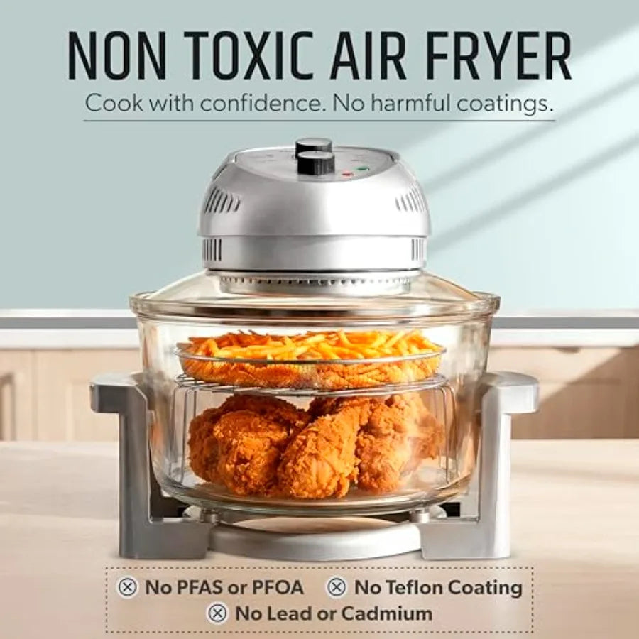 Family-sized air fryer for French fries and chicken: 16Qt glass design, non-toxic stainless steel racks, 3 cooking sections, no