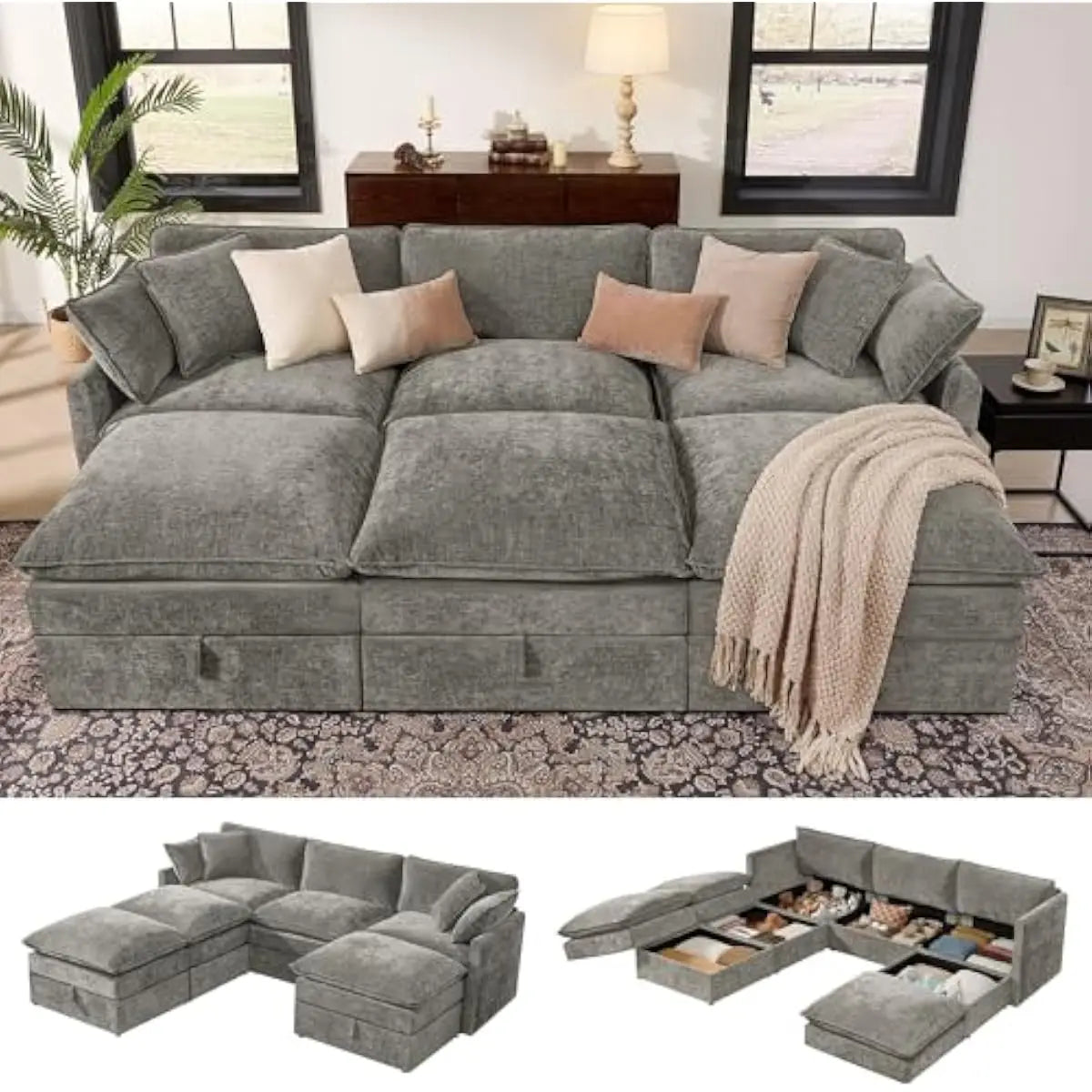 103-inch L-shaped modular sectional sofa with concealed under-seat storage compartments, deep 25-inch chenille seating, dual-lay