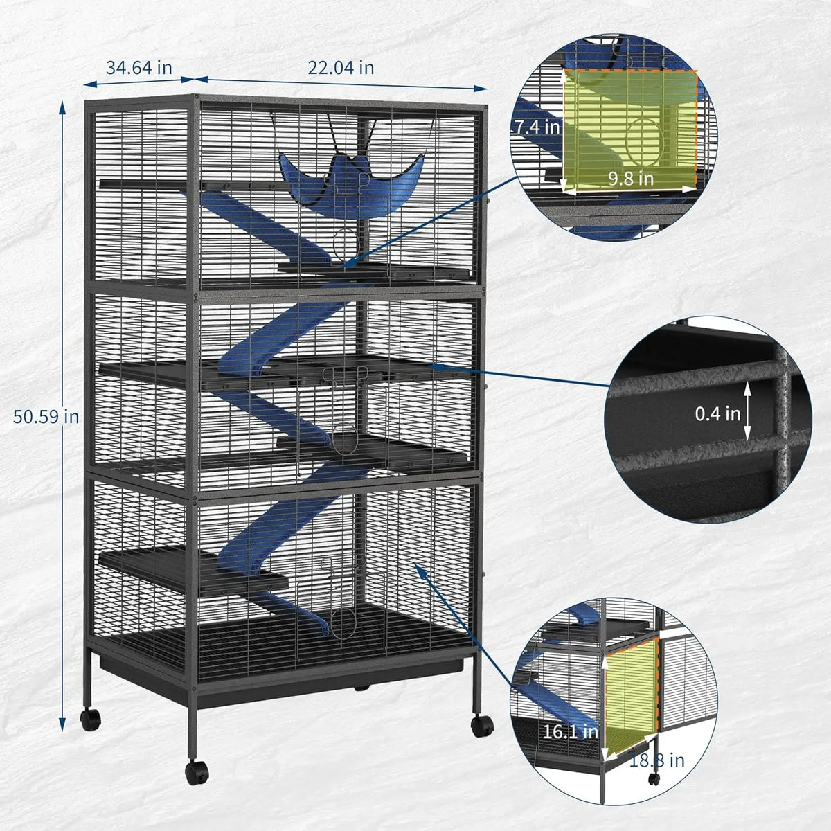 Bird Cage, 6-Tier Animal Cage with Rolling Stand | Metal Parrot Cage with 6 Access Doors, Non-Slip Flannel Ramps & Hammock for Ferret, Guinea Pig, Rabbit & Squirrel