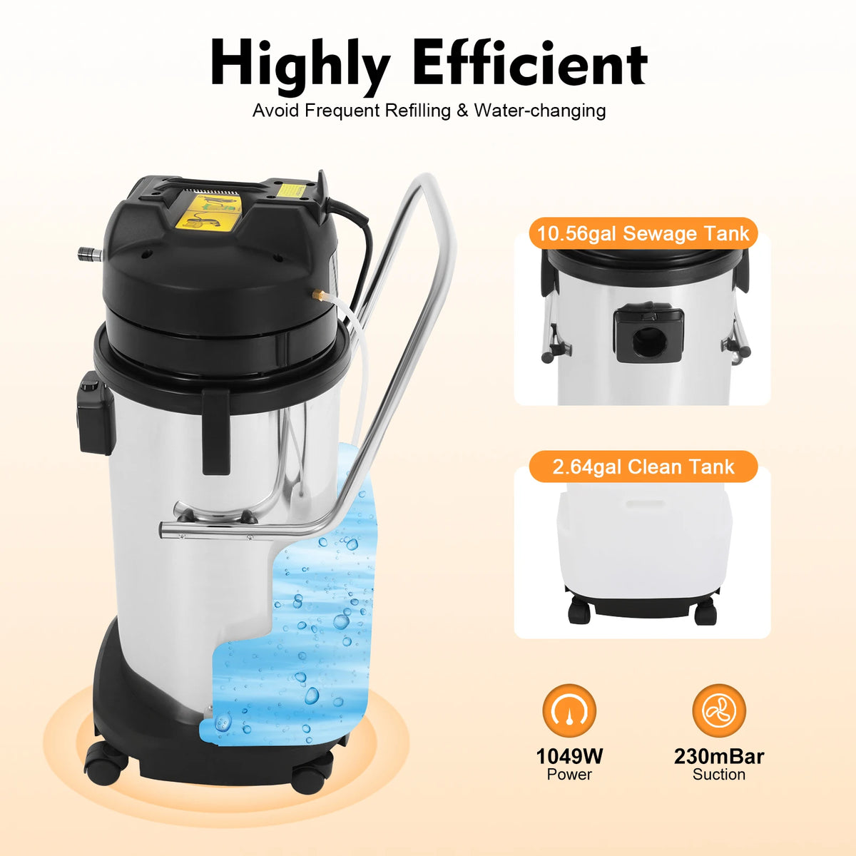Carpet Cleaning Machine Vacuum Cleaner, Floor Cleaning Machine Circulating Air Cooling  2.64Gal Clean Water Tank, 10.56Gal Waste Tank, Spray and Suction, for Couch Sofa Carpet, Easy Move with Wheels