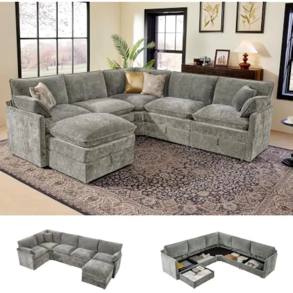 103-inch L-shaped modular sectional sofa with concealed under-seat storage compartments, deep 25-inch chenille seating, dual-lay