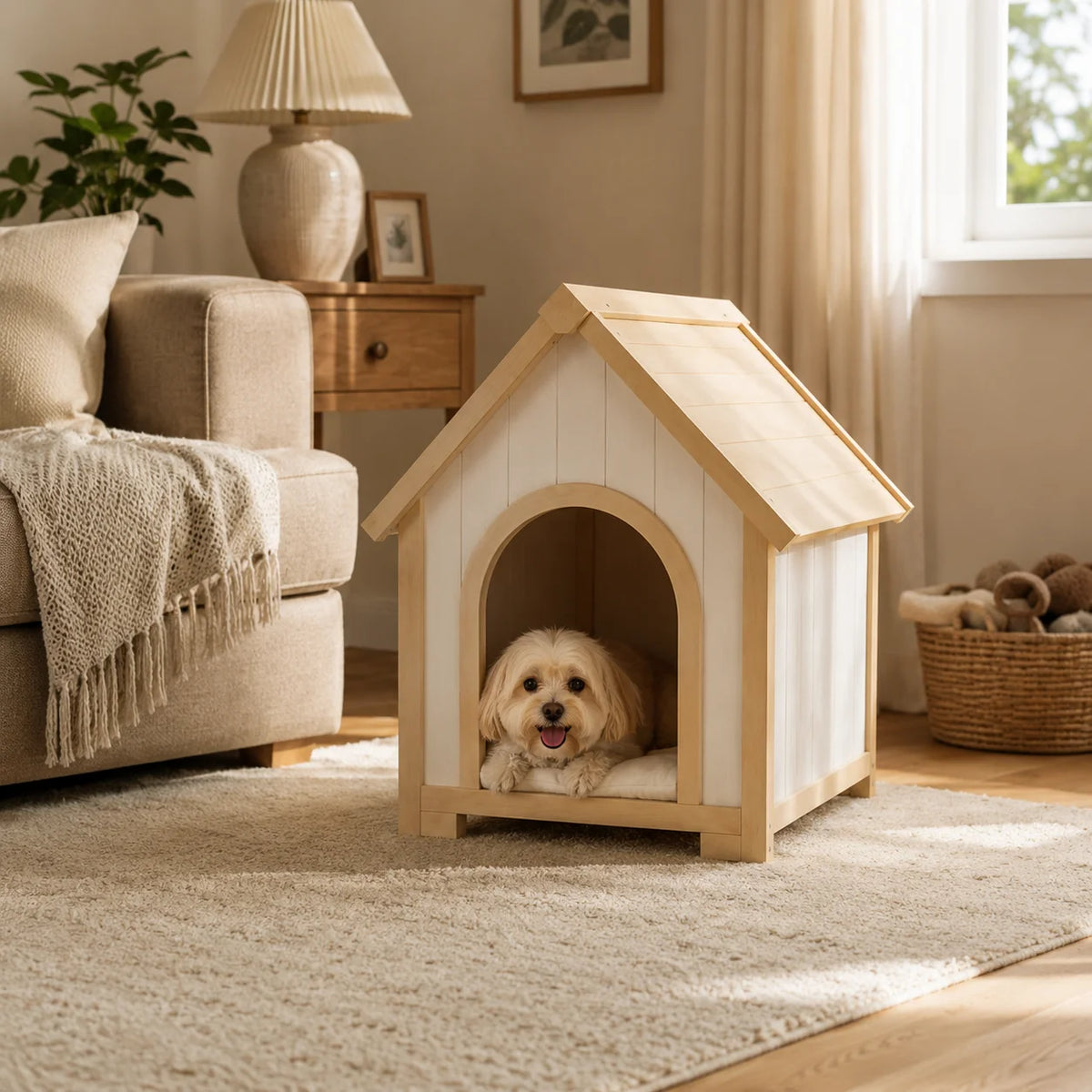 Indoor Wooden Dog House for Small Dogs and Cats Pet House with Cushion Modern Furniture Style Cozy Sleeping Shelter Home Decor
